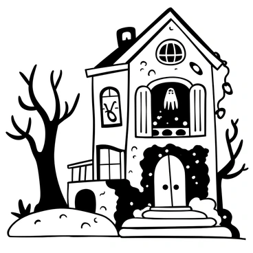 A ghostly figure draped in tattered, flowing fabric stands at the window of a dilapidated mansion. The mansion features cracked walls, broken shutters, and vines creeping up its facade. The windowpane is dusty, partially obscuring the figure inside. Surrounding the mansion, dead trees with twisted branches rise up against the structure, and a fog envelops the ground. An eerie light shines from the window, casting shadows on the crumbling stone steps leading to the entrance. The atmosphere is heavy with an air of mystery and abandonment.