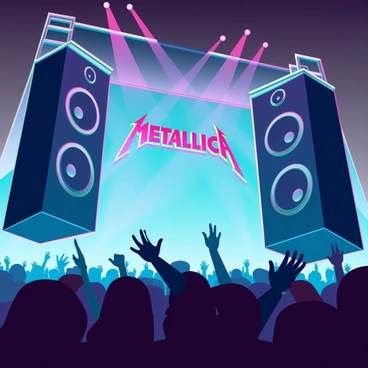 A powerful sound system at a concert with large, imposing black speakers positioned prominently on either side of the stage. The speakers are vibrating as they emit sound waves, creating visible distortions in the air. Bright, colorful LED lights are flashing in sync with the music, illuminating the crowd of excited fans below. The atmosphere is electric, with hands raised in the air and a mosh pit forming in front of the stage. In the background, a banner displays the words "Metallica" in bold letters, capturing the essence of the performance.
