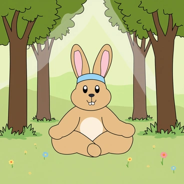A cartoon-like illustration of a zen hare with soft, fluffy fur, sitting cross-legged in a peaceful forest clearing. The hare has large, expressive eyes and is wearing a simple, light blue headband. Surrounding the hare are tall, green trees with leafy branches creating a canopy overhead, letting beams of sunlight filter through. The ground is covered with a soft carpet of grass, with a few colorful wildflowers scattered around. The scene conveys a feeling of calm, with the hare's paws resting on its knees, and a gentle breeze rustling the leaves.