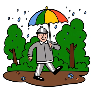 The Tin Man, a metallic figure with a shiny surface, is holding a colorful umbrella open above his head. He is walking with a joyful expression, his eyes wide with happiness. The forest around him is lush and green, with raindrops falling from the leaves above. The ground is wet, reflecting the vibrant colors of the umbrella, and patches of colorful wildflowers are visible around his feet. The atmosphere is lively, filled with droplets glistening in the light filtering through the trees.
