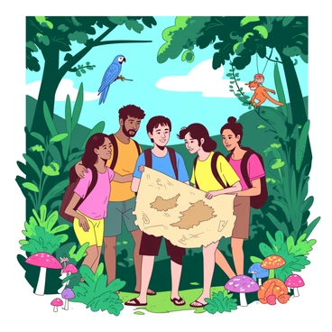 A group of five friends is trekking through a lush jungle, intently examining an old, crumpled treasure map. The friends are wearing bright, colorful clothing that contrasts with the greenery surrounding them. Tall trees with broad leaves rise above, while vibrant flowers peek through the dense foliage. 

In the background, exotic animals can be seen; a vivid blue parrot is perched on a branch overhead, and a small orange monkey swings playfully from a nearby tree. The ground is dotted with colorful mushrooms and large ferns. The atmosphere is lively and filled with the excitement of adventure as the friends navigate their way through the jungle.