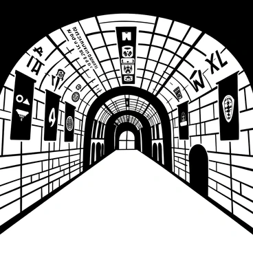 A long, arched tunnel leading to the pitch at Old Trafford, filled with shadows and textures of the brick walls. Banners representing various football teams are hanging from the ceiling, each displaying distinct designs and logos. The ground is covered with a polished surface reflecting the banners above, creating a dynamic visual interplay. The atmosphere is filled with anticipation, hinting at the excitement of an upcoming match.
