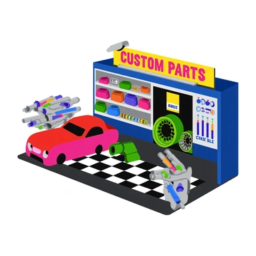 A car customization booth featuring a variety of colorful car parts and accessories neatly arranged on display. The booth is vibrant, showcasing items such as bright red spoilers, neon green rims, and blue decals. Several shelves hold an assortment of shining chrome exhaust tips and colorful LED lights. The background includes a large banner with the words "Custom Parts" in bold, eye-catching lettering. The floor is lined with a checkerboard pattern, enhancing the lively atmosphere of the booth.