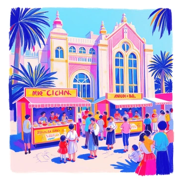 A cultural festival is taking place outside an Art Deco museum. There are several food stalls set up, each adorned with colorful banners and offering various cuisines. People of different ages and backgrounds are gathered around the stalls, some tasting food while others chat and laugh. The museum's architectural features, such as geometric patterns and ornate sculptures, are prominently displayed in the background. Brightly colored decorations and string lights create a festive atmosphere. A few children are playing nearby, adding to the lively scene.