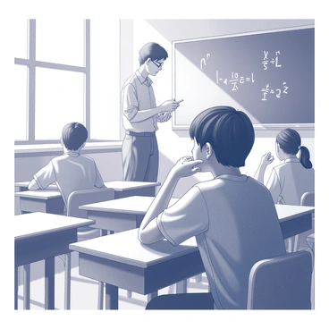 A classroom scene with a student gazing out of the window, lost in thought. The student has short hair and is seated at a wooden desk, resting their chin on one hand. Sunlight streams in through the window, creating a soft glow around the student's face. In the background, a teacher stands at the blackboard, writing equations with white chalk. The teacher has a focused expression, wearing glasses and a shirt with rolled-up sleeves. Desks are organized in rows, and other students are visible in the background, some looking at the blackboard while others are also distracted.