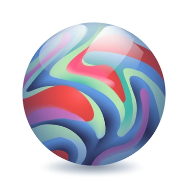 A shiny marble ball is placed in the center of the image. The ball features a vibrant mix of swirling colors, including deep blues, bright reds, and luminous greens. The surface of the marble reflects light, creating highlights and shadows that enhance its glossy appearance. The swirling colors inside the marble create a mesmerizing effect, drawing the eye to its intricate patterns. A soft light illuminates the marble, accentuating its curves and enhancing the sense of depth within. The background is softly blurred to keep the focus on the marble ball.