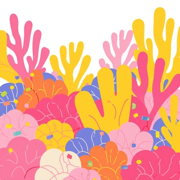 A coral garden filled with colorful corals in various shapes and sizes. The corals are bright pink, orange, and yellow, creating a lively underwater scene. Scattered among the corals are small pieces of microplastics, including tiny plastic fragments and colorful wrappers, contrasting with the natural beauty of the garden. The scene captures the richness of marine life alongside the impact of pollution.