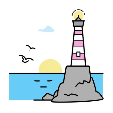 A tall lighthouse with a white and red striped design stands on a rocky cliff. The light at the top is glowing brightly, casting a wide beam of light across a calm sea. The sky is clear with a few soft clouds, and the sun is setting on the horizon, creating a warm, golden glow. In the foreground, there are gentle waves lapping against the rocks, symbolizing tranquility. Surrounding the lighthouse, there are a few seagulls flying, adding a sense of life to the scene. The lighthouse stands as a beacon of hope and guidance.