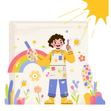 A child with curly brown hair stands in front of a large wall, covered in a vibrant mural. The mural features a rainbow, various flowers, and playful animals, all in bright colors. The child is holding a paintbrush in one hand and a palette with an array of colors in the other. They wear a splattered smock and have paint on their cheeks, demonstrating their enthusiasm and creativity. The sun shines down, casting a warm light on the scene, enhancing the joyful atmosphere.