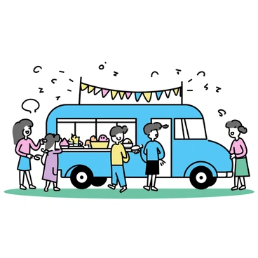 A vintage blue bus, with rounded edges and large windows, parked on a grassy area. The bus has a serving window open, showcasing an array of colorful snacks displayed on the counter. People of various ages, including children and adults, are gathered around the bus, some holding plates and others chatting excitedly. Colorful banners and flags are flying in the background, creating a festive atmosphere. Sunlight casts soft shadows on the ground, adding warmth to the lively scene.