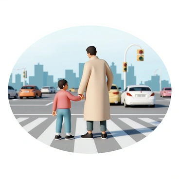 A young child, wearing a bright red jacket and blue jeans, is holding hands with a guardian. The guardian, dressed in a beige coat and black shoes, is gently guiding the child across a busy street. Surrounding them, cars are in motion, with some stopping at a traffic light. The scene is set during daylight, showcasing a clear blue sky and the silhouettes of buildings in the background. The child looks up at the guardian with trust while the guardian maintains a protective stance, ensuring the child’s safety.