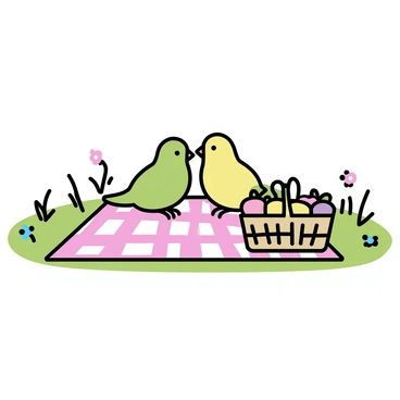 Two lovebirds, one green and one yellow, are perched closely together on a red and white checkered blanket. The blanket is spread out on a lush, green grassy field. A small picnic basket, woven from natural materials, sits beside them, partially open and revealing a selection of colorful fruits. The birds are facing each other, with their heads tilted slightly, creating an intimate moment. A few scattered flowers in soft colors dot the grass around the blanket, adding to the cheerful scene.