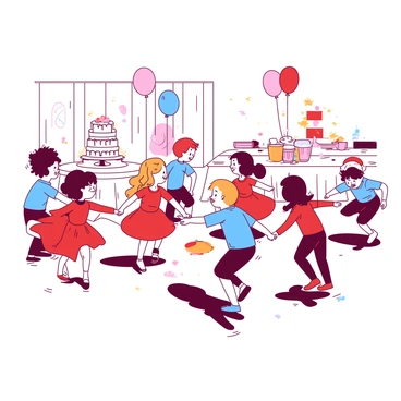 A group of children is joyfully dancing and playing together at a wedding reception. The children are wearing colorful outfits, with some in bright red dresses and others in cheerful blue shirts. They are spread across a spacious dance floor, with a large white cake elegantly displayed on a nearby table. Balloons in various shades float above them, adding to the festive atmosphere. Some children are holding hands and spinning in circles, while others are laughing and chasing each other. In the background, there are tables set with white linens and sparkling decorations, creating a lively and celebratory scene.