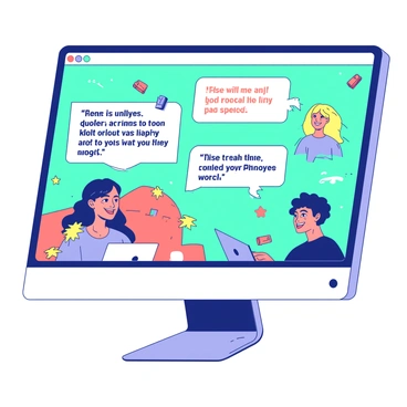 A white computer screen displays several "illustrated quotes" from "happy employees" in colorful text boxes. Each quote is surrounded by illustrations representing the employees, such as smiling faces and cheerful work scenes. The background of the website is a soft teal color, enhancing the vibrant feel of the displayed quotes. There are elements like paper clips and small stars scattered around, adding a dynamic touch to the overall layout. The overall composition conveys a sense of positivity and teamwork.