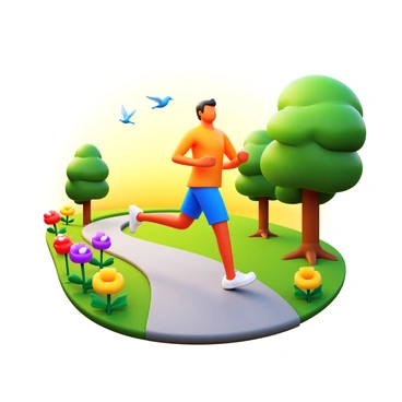 A runner wearing a bright, sporty outfit is jogging along a path in a vibrant park. The park features blooming flowers in various colors, such as red, yellow, and purple, adding to the lively atmosphere. There are several trees with green leaves surrounding the path. In the background, there are birds flying and perched on branches, conveying the sound of chirping. The early morning light casts a warm glow over the scene, enhancing the freshness of the environment.