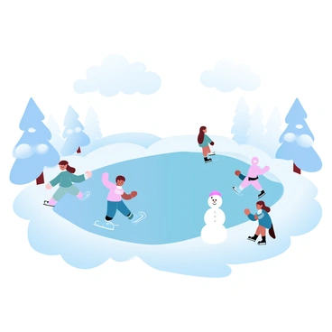 A frozen fish pond covered with a smooth layer of ice is in the center of the scene. Several children are ice skating, gliding gracefully across the ice, wearing colorful winter clothing. Nearby, a group of kids is engaged in building snowmen, stacking snowballs on top of one another. The snowmen are adorned with scarves and hats. Snow-covered trees line the edges of the pond, creating a serene winter atmosphere. In the background, fluffy white clouds drift across a pale blue sky, casting soft shadows on the snow.