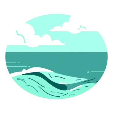 A teal ocean with gentle waves gently rolling towards the shore. The surface of the water reflects the light, creating a shimmering effect. Above the ocean, there are fluffy white clouds, some appearing soft and round, enhancing the tranquil atmosphere. The sky is a blend of serene hues, with the clouds casting subtle shadows on the water below. The entire scene conveys a sense of calmness and peace.
