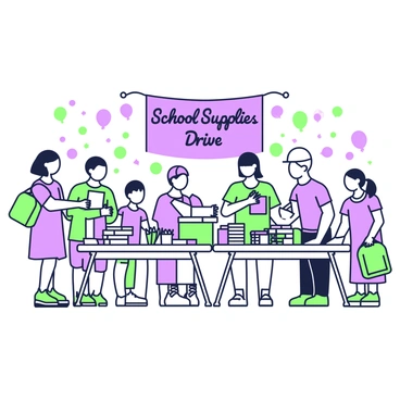 A community event is taking place in an open area filled with families. Several tables are set up, covered with various school supplies. On one table, there are stacks of notebooks and packs of pencils, while another table features colorful backpacks and boxes of crayons. Families are gathered around, with parents and children joyfully donating items. One child is holding a bright green backpack, while another is placing a purple notebook on the table. In the background, a banner is hung that reads "School Supplies Drive". There are balloons and decorations around the scene, adding to the festive atmosphere.