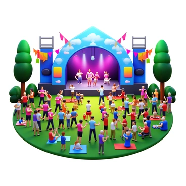 A vibrant outdoor music festival scene from 2019 filled with energy. A large stage is set up at the center, featuring performers playing instruments and singing into microphones. Colorful lights illuminate the stage, creating an exciting atmosphere. The crowd is diverse, with people of all ages enjoying the music, some dancing, others holding drinks and taking photos. Flags and banners decorate the area, adding to the festive spirit. Green grass and trees surround the scene, with some festival-goers sitting on blankets.