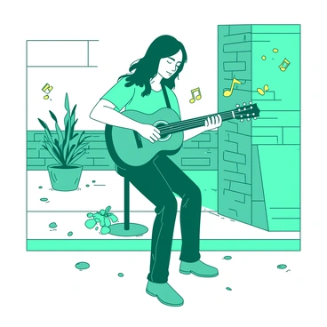 A teal musician is playing an acoustic guitar on a street corner, surrounded by an urban environment. The musician has long hair and is wearing a casual outfit. As they strum the guitar, bright yellow musical notes are visibly floating in the air around them, creating a lively atmosphere. The street corner features brick walls and a few potted plants, adding detail to the scene. Small stones are scattered on the ground, and a light breeze is suggested by the way the musician’s clothes gently sway.