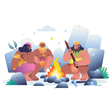 A group of three cavemen with rugged features and long hair is gathered around a campfire in a rocky clearing. The central figure is holding a primitive wooden spear, while another is trying to strike two stones together to create a spark. The third caveman is crouched down, watching the flames intently as they flicker and dance. The fire illuminates their faces and casts shadows on the surrounding rocks and tree trunks. Behind them, there are rough-hewn tools made from stone and wood scattered on the ground, hinting at their recent experimentation. The night sky above is filled with stars, adding to the atmosphere of their primitive campsite.