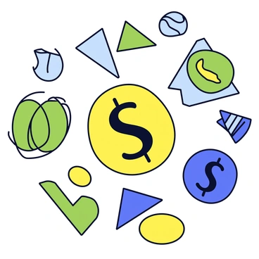 A collection of various geometric shapes, including circles, triangles, and rectangles, arranged in a swirling pattern. The shapes are filled with bright colors such as green, blue, and yellow, creating a dynamic flow. Some shapes are overlapping, adding depth to the composition. In the center, a stylized dollar sign is prominently featured, surrounded by smaller icons like coins and credit cards. The overall layout gives a sense of movement and interaction among the elements.