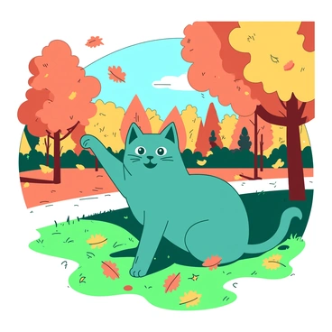A teal cat with sparkling eyes is playfully swatting at orange autumn leaves falling from the trees. The park is filled with trees showcasing a variety of orange and yellow foliage. The ground is covered with a thick blanket of scattered leaves, creating a vibrant contrast with the green grass. The cat's paw is extended, mid-swat, capturing the motion of the moment. In the background, there are more trees and a clear blue sky visible above the colorful scene.