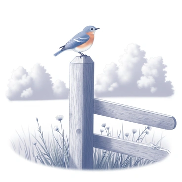 An eastern bluebird perched on a wooden fence post in a sunlit meadow