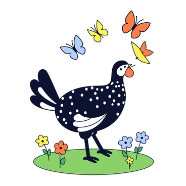 A guinea fowl with a speckled black and white body is standing on a patch of green grass. Its head is tilted slightly to the side, showing a curious expression as it watches several colorful butterflies fluttering nearby. The butterflies have bright orange, yellow, and blue wings, and they dance in the air around the guinea fowl. A few flowers with simple shapes are scattered throughout the grass, adding a touch of vibrancy to the scene.