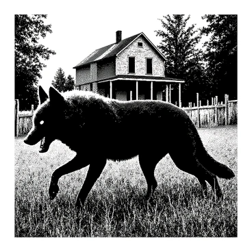 A werewolf with long, dark fur is prowling through an overgrown field surrounding a rustic, abandoned farmstead. Its body is muscular and poised, with sharp claws extended as it moves silently. The werewolf's eyes are glowing, illuminating the dim light of twilight. In the background, the dilapidated farmhouse is visible, with broken windows and a sagging roof, surrounded by tall grass and wild weeds. Shadows are cast across the scene, enhancing the eerie atmosphere of the setting. An old, weathered wooden fence partially surrounds the farmstead, adding to the rustic charm of the environment.