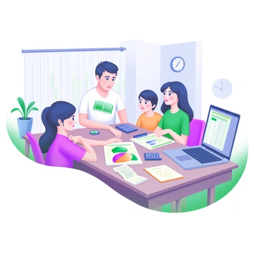A modern pastel illustration of a family gathered around a large wooden table. The family consists of four members: a father, a mother, a teenage daughter, and a young son. They are actively discussing their savings plan, with expressions of concentration on their faces. On the table are various items, including colorful charts displaying financial data, a few calculators, and notepads filled with handwritten notes. A laptop is open, showing a spreadsheet. The background features a cozy living room with a potted plant and a wall clock.