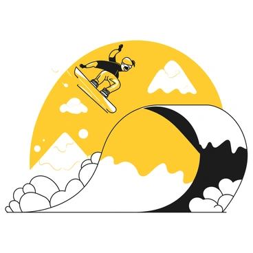 A snowboarder in a black and yellow outfit is soaring high above a snowy half-pipe, executing a complex aerial trick. The snowboarder displays a dynamic pose with arms extended and the board angled downwards. Snow is flying up from the edges of the half-pipe as the boarder propels off the curved surface. In the background, snow-covered mountains and a clear sky are visible, enhancing the sense of height and action in the scene.