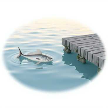 A barramundi, featuring shimmering silver scales and a streamlined body, is swimming gracefully near a weathered wooden pier. The water is clear, reflecting hues of soft blue and hints of orange from the dawn sky above. The pier, made of aged wood, is partially submerged in the water, with a few barnacles and seaweed visible along its surface. Gentle ripples spread outwards from the barramundi as it moves, creating a tranquil atmosphere in the early morning light.
