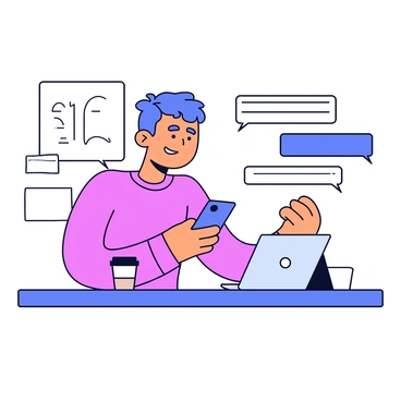 A customer sitting at a table holding a smartphone in one hand. The smartphone screen displays a chat interface with text bubbles showing a conversation. The customer has a focused expression, indicating engagement in the chat. There is a coffee cup next to the customer on the table. In the background, there is a simple outline of a cozy cafe setting.