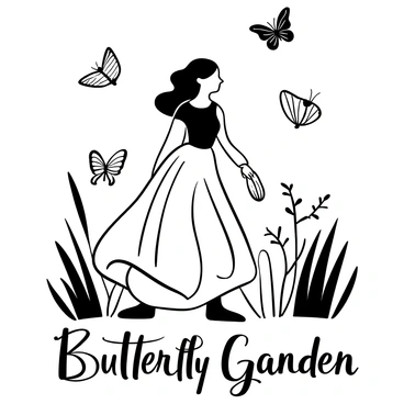 A woman with flowing hair stands gracefully in a field filled with various species of butterflies fluttering around her. The butterflies are depicted in intricate detail, showcasing their delicate wings as they hover and land nearby. The woman wears a flowing, elegant dress that billows softly as if caught in a gentle breeze. The background features tall grasses and soft, abstract shapes that imply a whimsical ambiance. Words "Dreamy Butterfly Garden" are elegantly placed in the foreground.