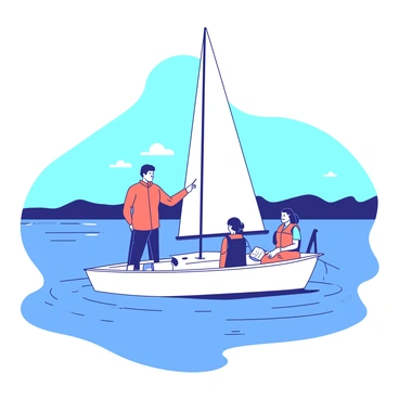 An orange instructor is standing at the bow of a small sailboat, demonstrating how to adjust the sails. There are three students sitting on either side of the boat, all wearing life jackets. The calm waters reflect the blue sky above, and gentle ripples surround the boat. In the background, a distant shoreline is visible, creating a tranquil setting. The instructor is pointing towards the sails, and the students are attentively observing, some taking notes.