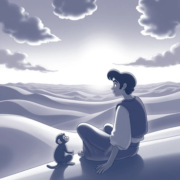 Aladdin and Abu are seated on a sand dune, gazing at a vast sky filled with dramatic clouds as the sun sets on the horizon. Aladdin is dressed in traditional attire, with a flowing vest and loose pants. He has an expression of wonder on his face. Beside him, Abu is a small monkey, perched attentively, his eyes reflecting the warm light of the sunset. The landscape features rolling sand dunes stretching into the distance, creating a sense of endlessness. Shadows are cast across the dunes, enhancing the shape of the landscape as night begins to fall.