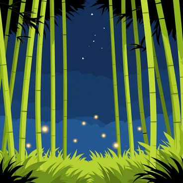 A bamboo forest filled with tall, slender green bamboo stalks reaching high into the night sky. The ground is covered with lush green foliage, creating a dense underbrush. Soft glowing fireflies float gracefully among the bamboo, emitting gentle yellow light. The scene is bathed in a deep blue night sky, with a few stars twinkling faintly above the treetops. The atmosphere is tranquil, with the bamboo gently swaying in a light breeze.