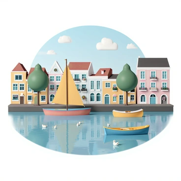 A variety of colorful boats, including a bright blue rowboat, a red canoe, and a yellow sailboat, are floating gently on the water of a Brussels canal. The canal is lined with quaint buildings featuring traditional Belgian architecture, with balconies adorned with flowers. The water reflects the vibrant colors of the boats and the surrounding buildings, creating a lively and inviting atmosphere. A few ducks swim nearby, adding to the serene scene. The sky is clear with a few fluffy white clouds, providing a beautiful backdrop to this picturesque setting.