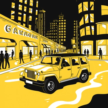 A G-Wagon driving down a busy city street at night. The vehicle is illuminated by the glow of bright neon signs from shops and restaurants lining the road. People are walking along the sidewalks, some stopping to look at the car as it passes. Skyscrapers rise in the background, their windows glimmering in the night. The street is wet, reflecting the vibrant neon lights above. Traffic lights are visible, changing colors as vehicles move through the intersection.