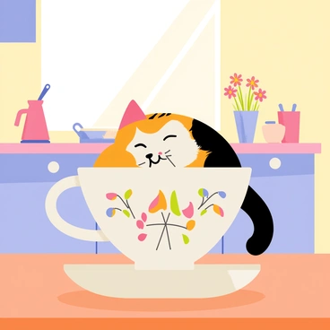 A calico cat with orange, black, and white fur is curled up snugly inside a large, ornate teacup that has colorful floral patterns. The teacup is placed on a wooden kitchen table. The background features a pastel-colored kitchen with light blue cabinets and pink countertops. Soft yellow sunlight streams in through a window, illuminating the scene. Various kitchen utensils and a small vase of fresh flowers are arranged on the table, adding to the cozy atmosphere.