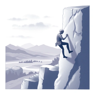 A climber is ascending a steep, rocky cliff face. The climber is wearing a harness and climbing gear, with one hand gripping a rock hold while the other reaches for the next grip. The rocky surface is textured with crevices and outcroppings. Below the cliff, there is a vast valley with rolling hills and distant mountains. The valley is dotted with trees and boulders, creating a natural landscape beneath the climber. The sky above the scene is filled with scattered clouds, adding depth to the atmosphere.