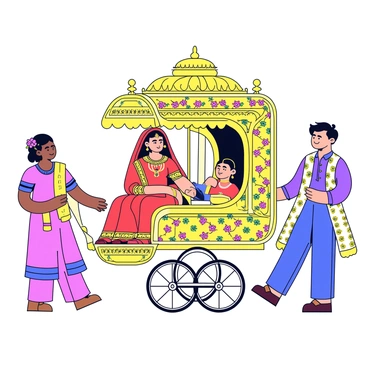 An Indian bride seated elegantly in a richly adorned palanquin. The palanquin features intricate gold embroidery and colorful floral patterns. It is carried by two attendants dressed in traditional attire, showcasing vibrant colors. The bride is wearing a stunning red and gold lehenga with elaborate jewelry, including a necklace and bangles. Her hair is styled with fragrant flowers. The scene captures the cultural essence of a wedding ceremony.