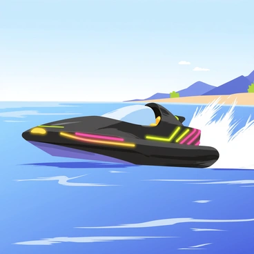 A sleek futuristic hovercraft with a streamlined design is zipping across the shimmering blue water. The hovercraft features glowing neon accents in vibrant colors along its body. Waves are splashing dramatically around the craft, creating frothy white trails behind it. In the background, a blurred shoreline can be seen, indicating the high speed of the race. A clear blue sky overhead adds to the dynamic atmosphere of the scene.