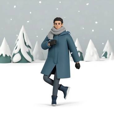A person dressed in a thick, insulated navy blue coat, with a knitted gray scarf wrapped around their neck, is performing calf raises. They are wearing black gloves and warm, waterproof boots. The snowy landscape features a thick blanket of white snow covering the ground, while snowflakes gently fall from the gray sky. In the background, there are snow-covered trees, creating a serene winter scene. The person is focused and determined, with snow accumulating on their shoulders as they lift themselves up on their toes.