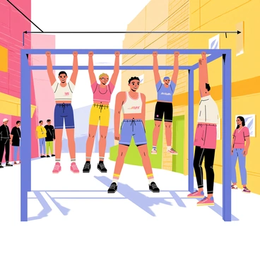 A group of urban workout enthusiasts performing dead hangs on a street fitness setup. The fitness setup consists of metal bars with a sleek design, positioned in an urban environment with brick buildings and graffiti in the background. The individuals, wearing colorful athletic clothing, display various body types and expressions of determination. Sunlight casts shadows on the pavement, and a few passersby can be seen observing the workout, creating a dynamic atmosphere.