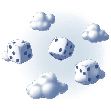 Fluffy clouds in the shape of dice are scattered across a bright blue sky. The clouds have distinct rounded edges and are puffy, resembling the traditional six-sided dice with dots visible on their surfaces. Each cloud-dice appears slightly different in size and orientation, adding variety to the scene. Sunlight illuminates the clouds, creating soft shadows that enhance their three-dimensional appearance.