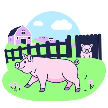 A pig is happily trotting across a sunny farm, surrounded by lush green grass. The pig has a light pink skin texture and is looking content, with its ears perked up. In the foreground, there are a few wildflowers scattered around. In the background, there is a shadowy pen with dark wooden fencing, where another pig is standing, looking forlorn. The pen is shaded, contrasting with the bright surroundings, and hints at confinement. A distant barn with a sloping roof can be seen under a blue sky with fluffy clouds.