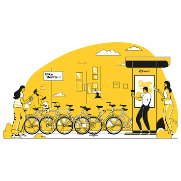 A bike-sharing station filled with bicycles arranged neatly. The bicycles feature various designs, all with a prominent yellow frame. Each bike has distinct patterns on the body, with some showcasing geometric shapes while others have stripes. The station includes a sign displaying the words "Bike Rental" in bold lettering. People are seen nearby interacting with the bikes, with some reading a map and others preparing to ride. The urban environment includes buildings in the background and greenery around the station.