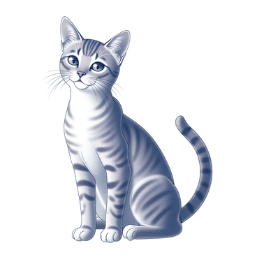 A detailed sketch of a cat is displayed on a white background. The cat is depicted in a sitting pose, with its front paws tucked under its body. Its fur is illustrated using hatching and cross-hatching techniques, creating texture and depth. The cat's face features prominent whiskers, a small nose, and large, attentive eyes, all rendered with intricate line work. The tail curls around to the side, showcasing additional details in the fur pattern. The overall composition emphasizes the cat's graceful posture and expressive features.